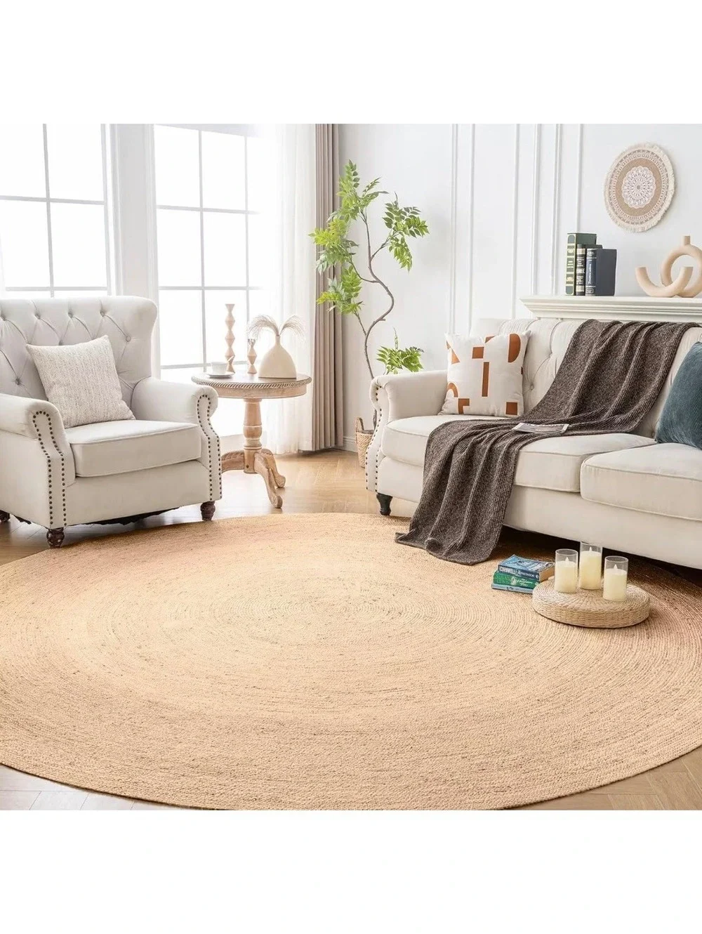 Round 7 Ft Rug, Chunky Hand Braided Rug, Farmhouse  Home Decor_Natural Color